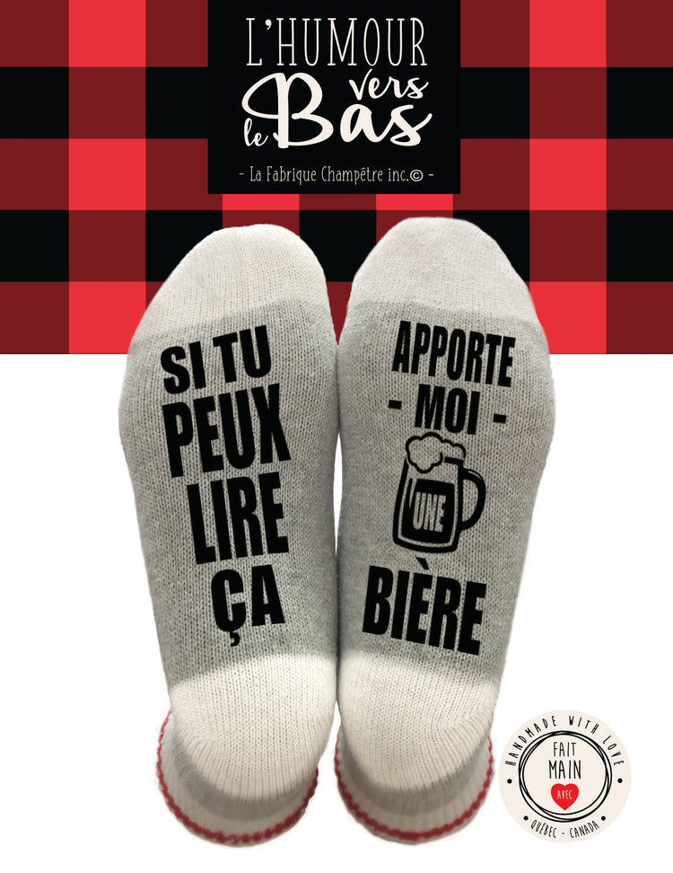 Bas de laine humoristiques - Si tu peux lire ça apporte moi une bière. Vendus chez Tah-dah !