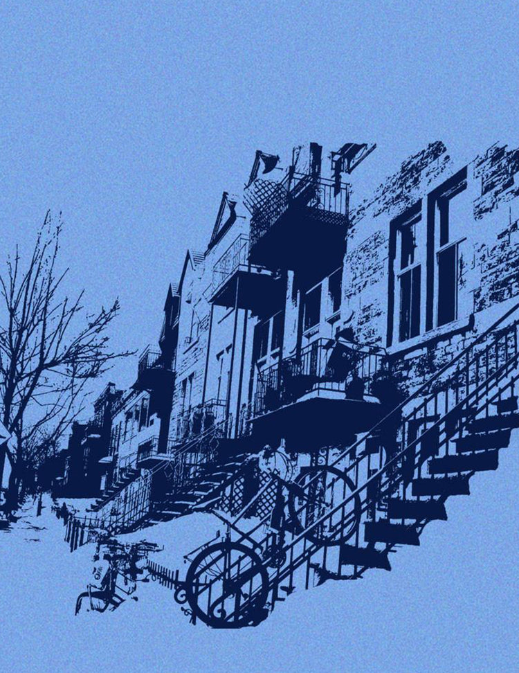 Propagez votre urbanité avec ce t-shirt ! T-shirt bleu chiné imprimé mile-end. Vendu chez Tah-dah !
