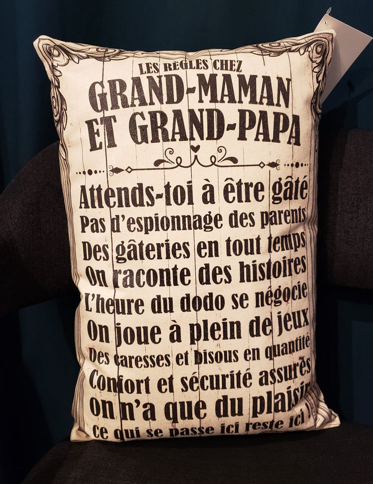 Coussin - Les règles chez grand-maman et grand-papa. Vendu chez Tah-dah !
