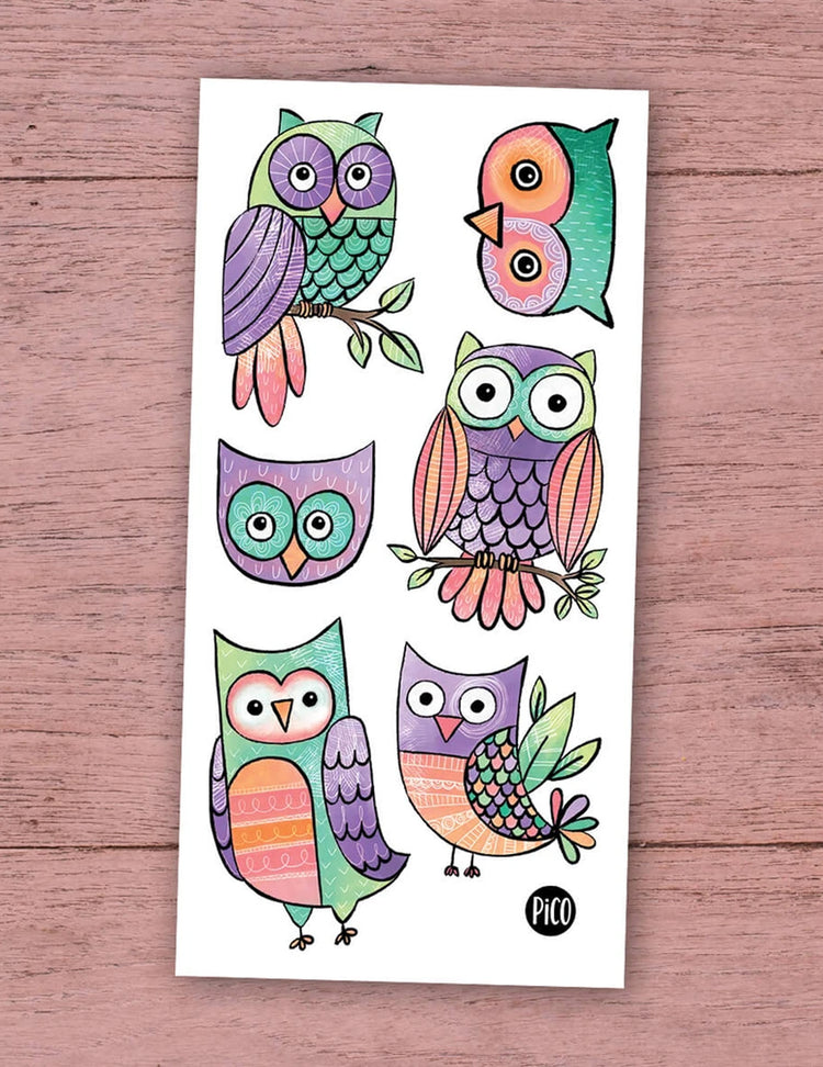 Tatouages temporaires pour enfants. Chouettes hiboux. Vendus chez Tah-dah !