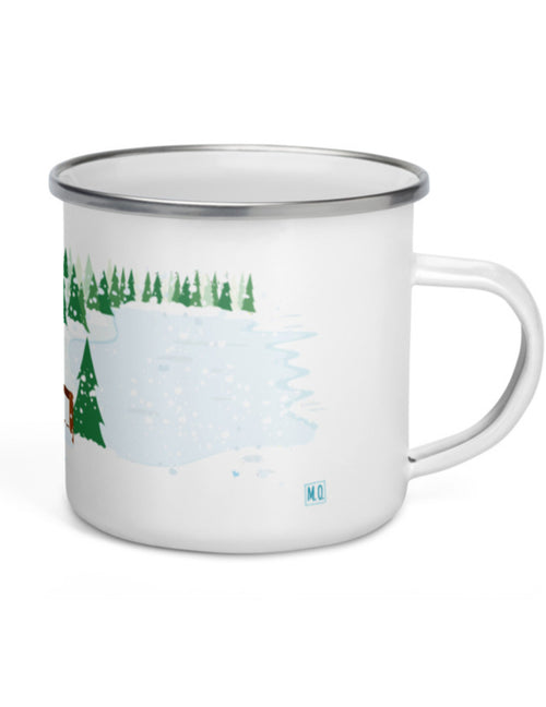 Tasse en émail région du Québec -Les Laurentides l'hiver. Vendue chez Tah-dah !