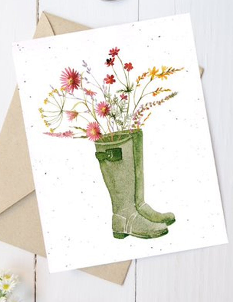 Carte de souhaits plantable - Bottines fleuries. Vendue chez Tah-dah !