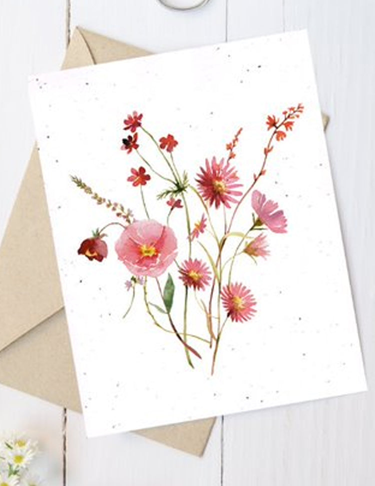 Carte de souhaits plantable - Bouquet de fleurs roses. Vendue chez Tah-dah !