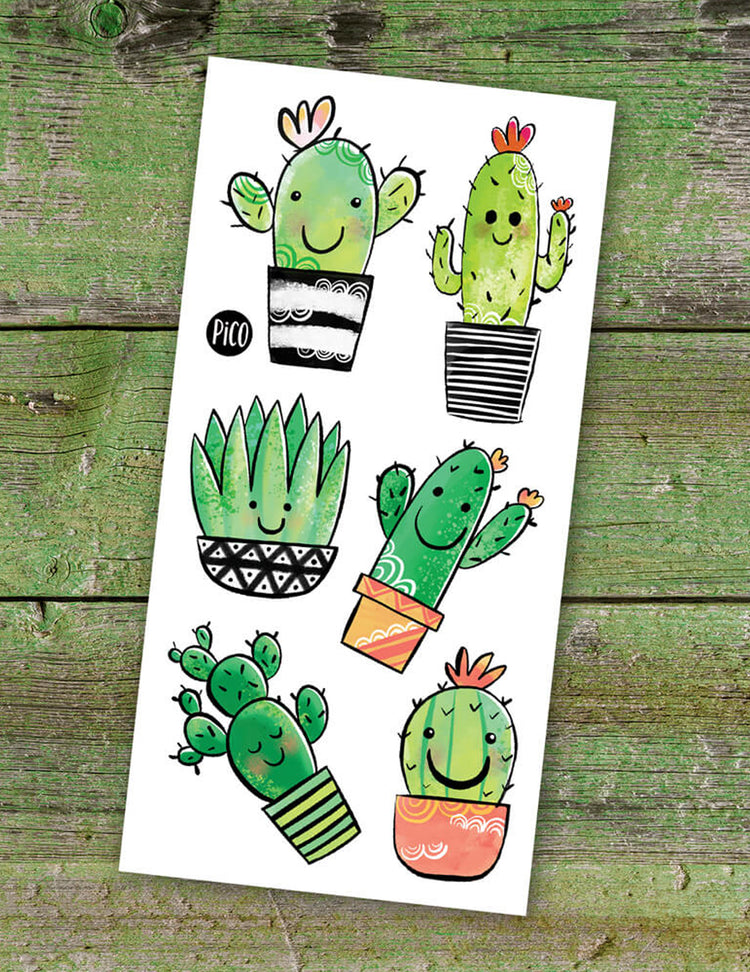 Tatouages temporaires pour enfants. Les cactus coquins. Vendus chez Tah-dah !