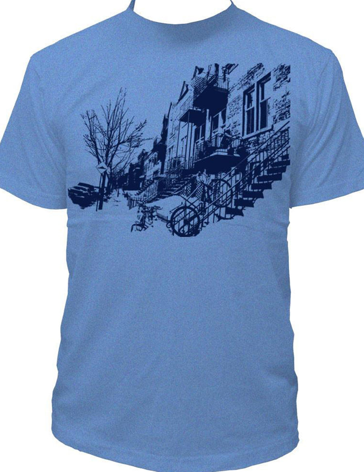 Propagez votre urbanité avec ce t-shirt pour homme! Mile end sur fond bleu. Vendu chez Tah-dah !