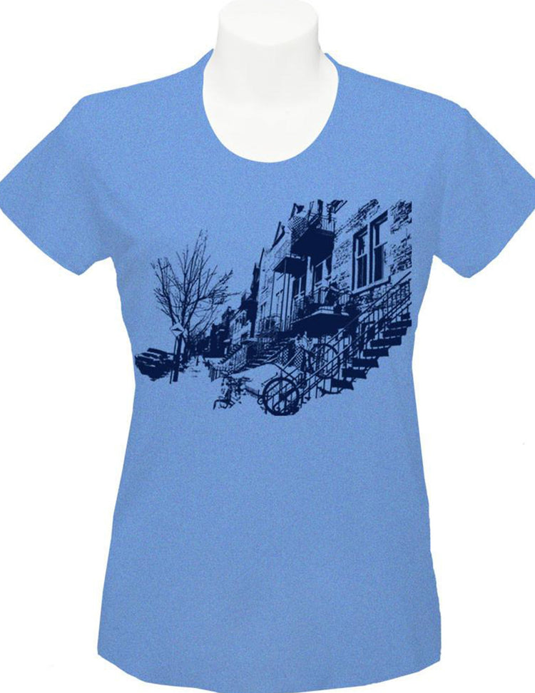 Propagez votre urbanité avec ce t-shirt ! T-shirt bleu chiné imprimé mile-end. Vendu chez Tah-dah !