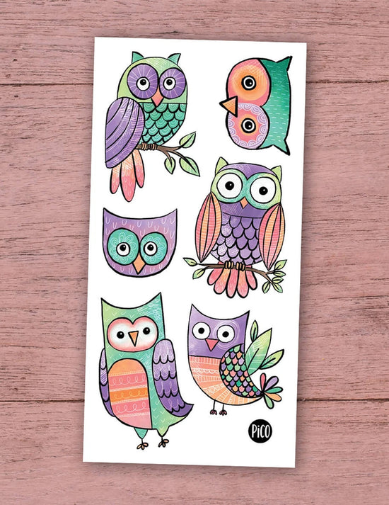 Tatouages temporaires pour enfants. Chouettes hiboux. Vendus chez Tah-dah !