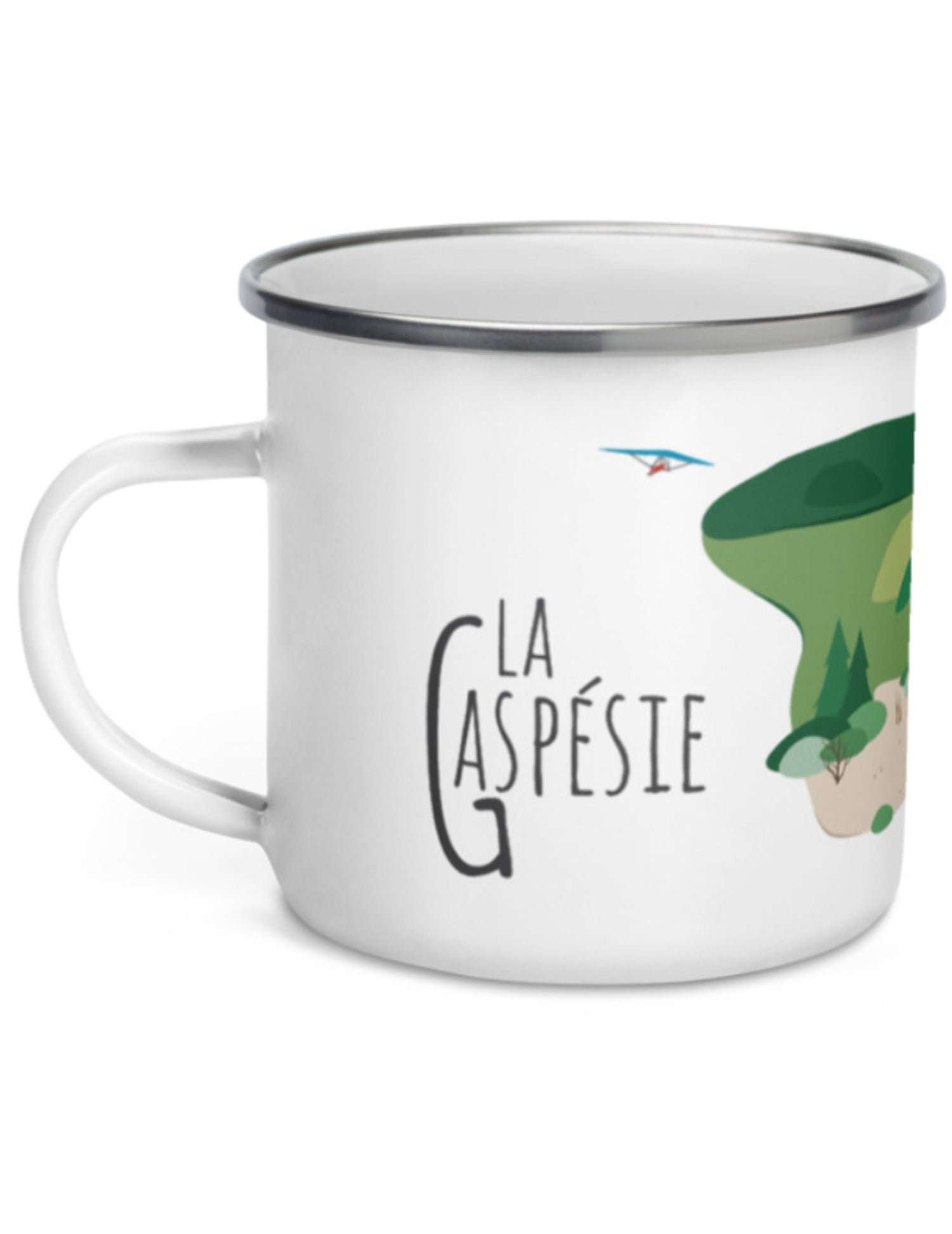 Tasse en émail région du Québec - Gaspésie Mont-Saint-Pierre. Vendue chez Tah-dah ! 