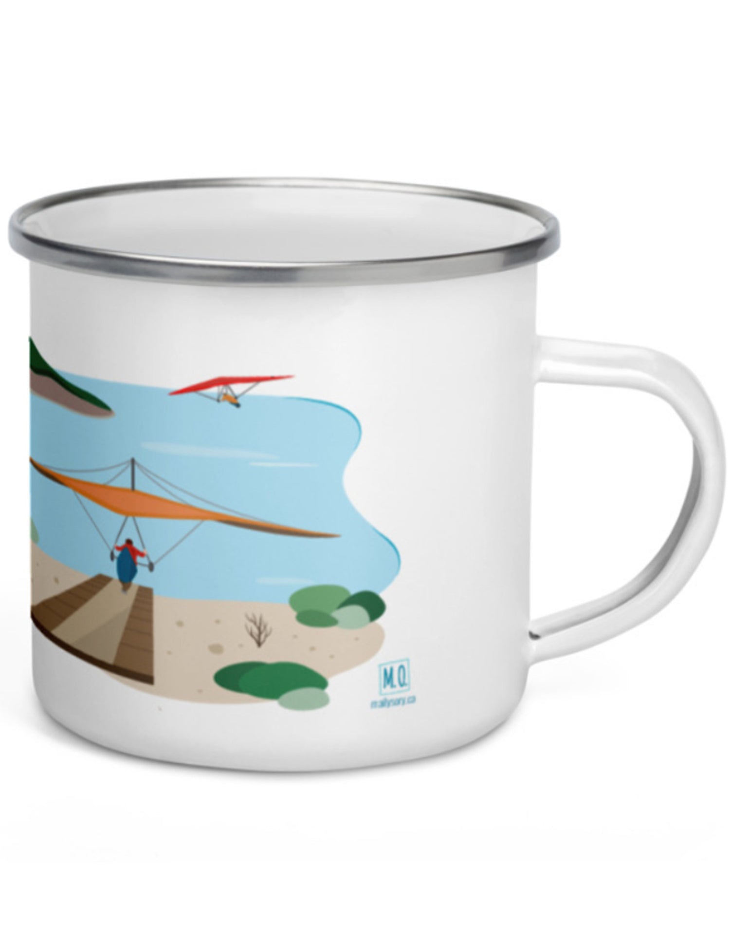 Tasse en émail région du Québec - Gaspésie Mont-Saint-Pierre. Vendue chez Tah-dah !