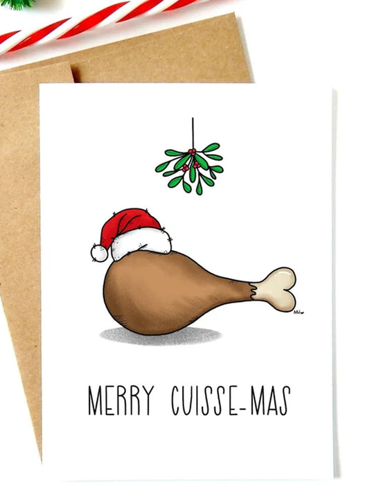 Carte de noël merry cuisse-mas. Vendue chez Tah-dah ! 