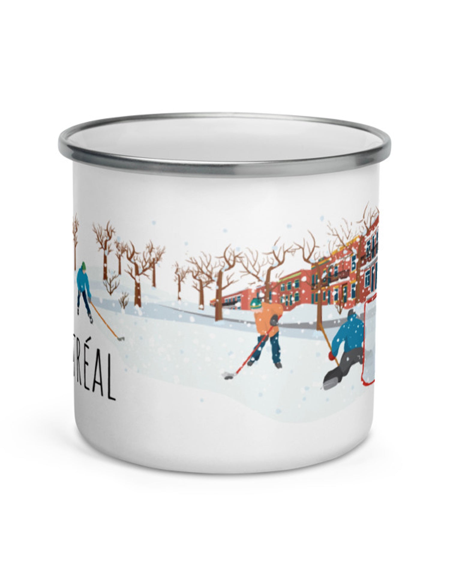 Tasse en émail région du Québec - Montréal en hiver et hockey. Vendue chez Tah-dah !