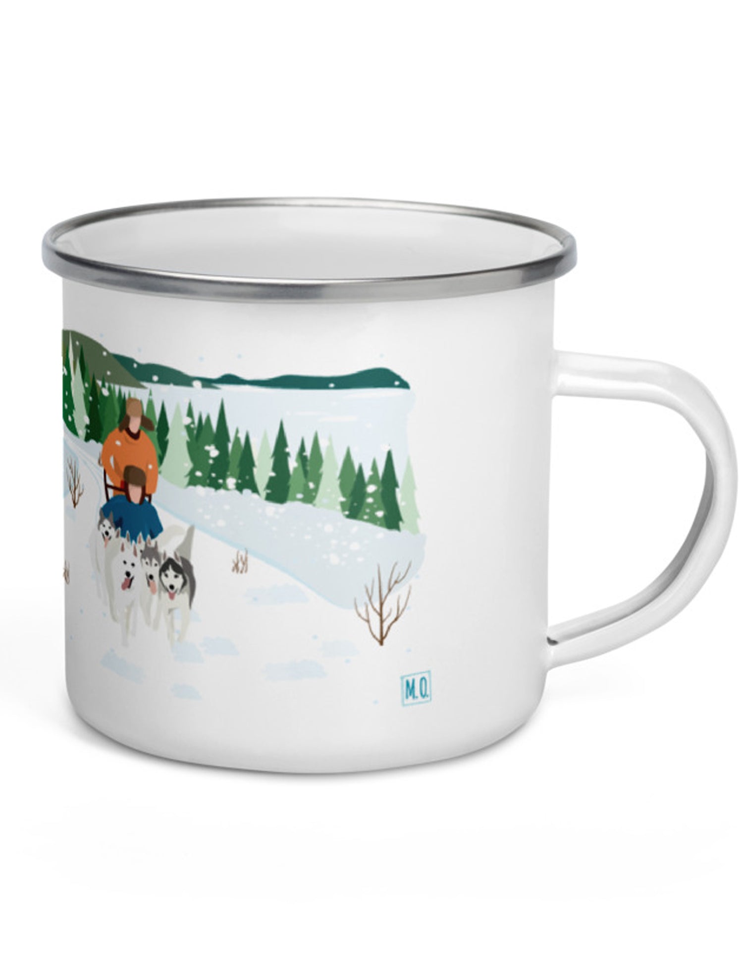 Tasse en émail région du Québec - Saguenay-Lac-Saint-Jean en hiver. Vendue chez Tah-dah !