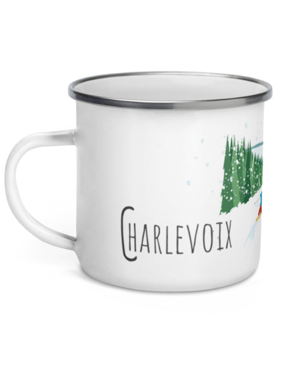 Tasse en émail région du Québec - Charlevoix. Vendue chez Tah-dah !