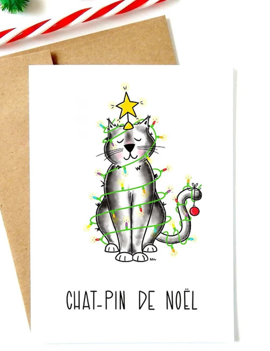 Carte de noël chat-pin de noël. Vendue chez  Tah-dah ! 